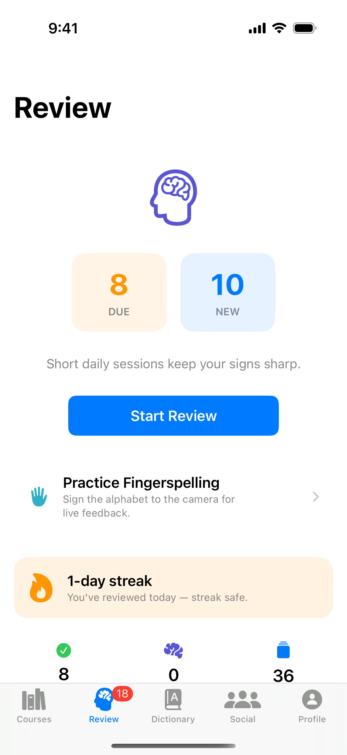 The Review tab with streak and due counts