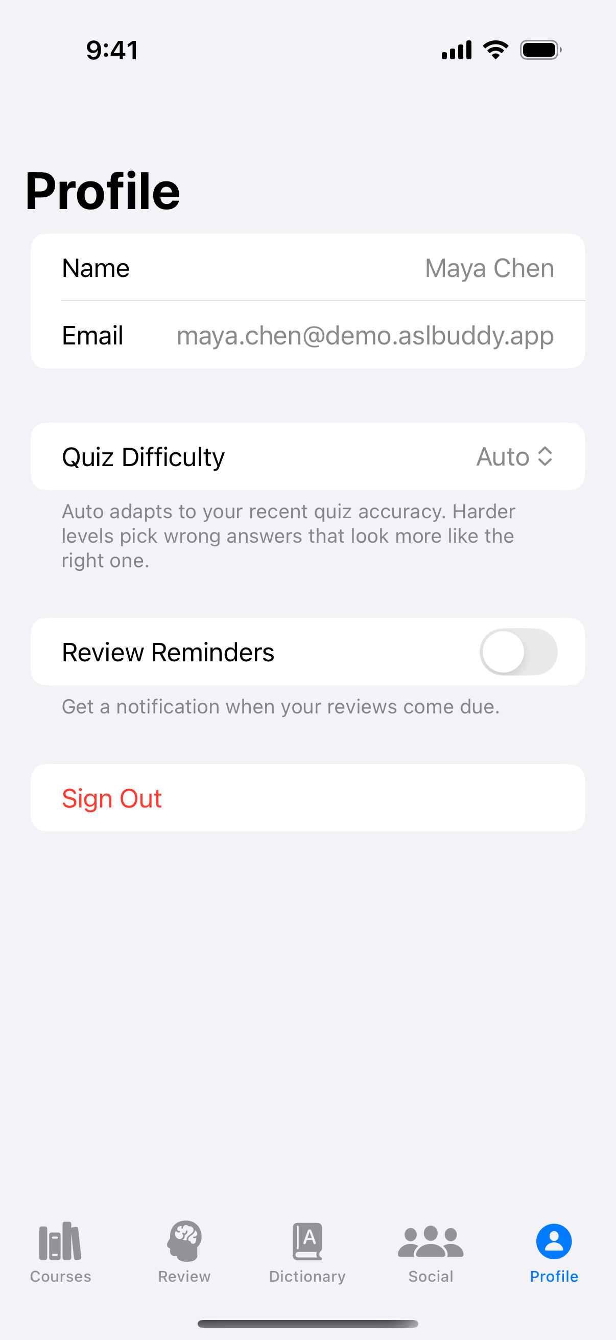 Profile and settings